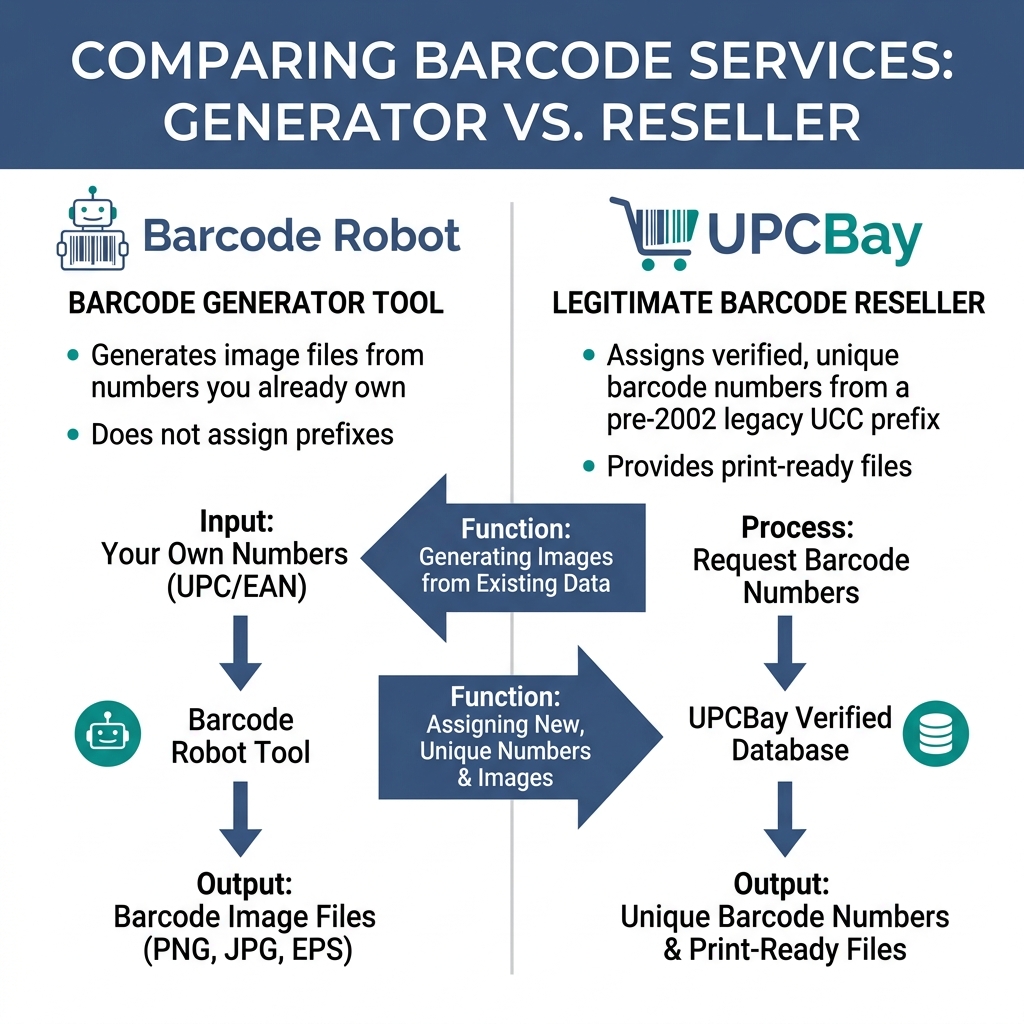 Diagram showing how a barcode generator works vs. how a prefix reseller works