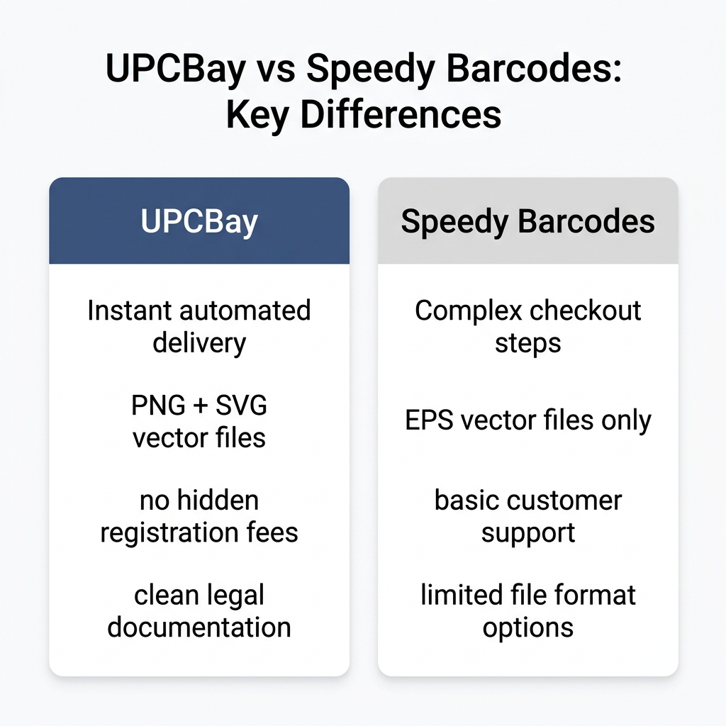 Side-by-side comparison showing UPCBay vs Speedy Barcodes features